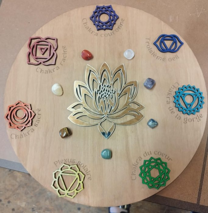 Lotus doré entouré de symboles des chakras et de pierres semi-précieuses sur une table ronde.